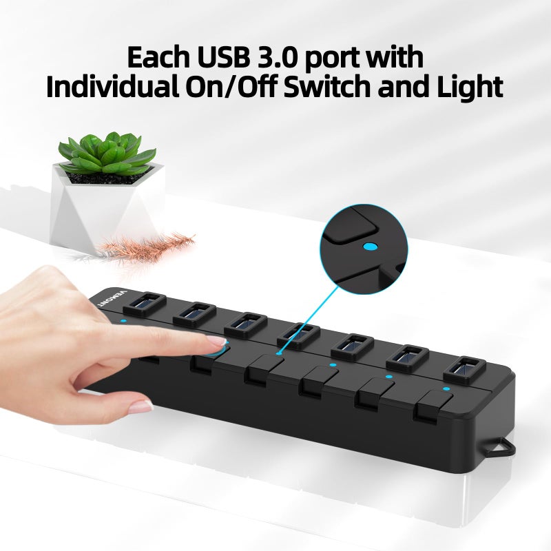 Vemont USB hub,7 Port USB 3.0 Hub,VEMONT USB Splitter with Individual On/Off Switches and Lights, 4ft/1.2m USB HUB Long Cable, USB Extension for Laptop and PC Computer - Image 2